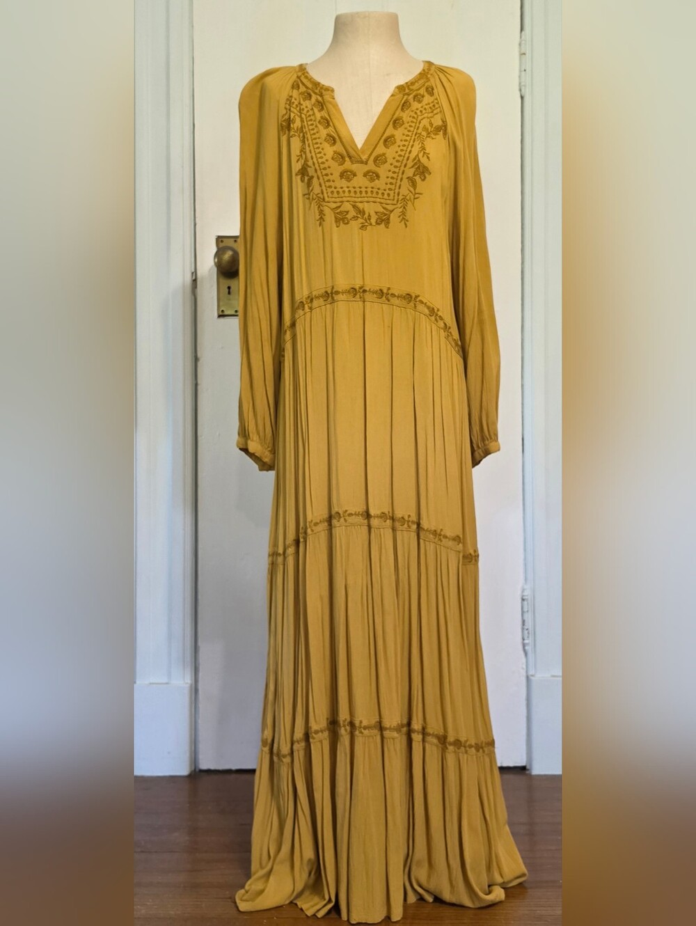 Old Navy Mustard Long-Sleeve Embroidered Maxi Dress. Size XL